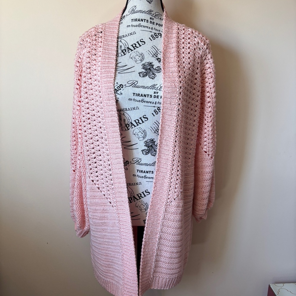 Crochet Cozy Pink Open Front Mezzo Cardigan Sweater Soft Girl Cottagecore